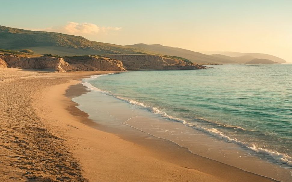 Sandstrand an der griechischen Westküste bei goldenem Licht